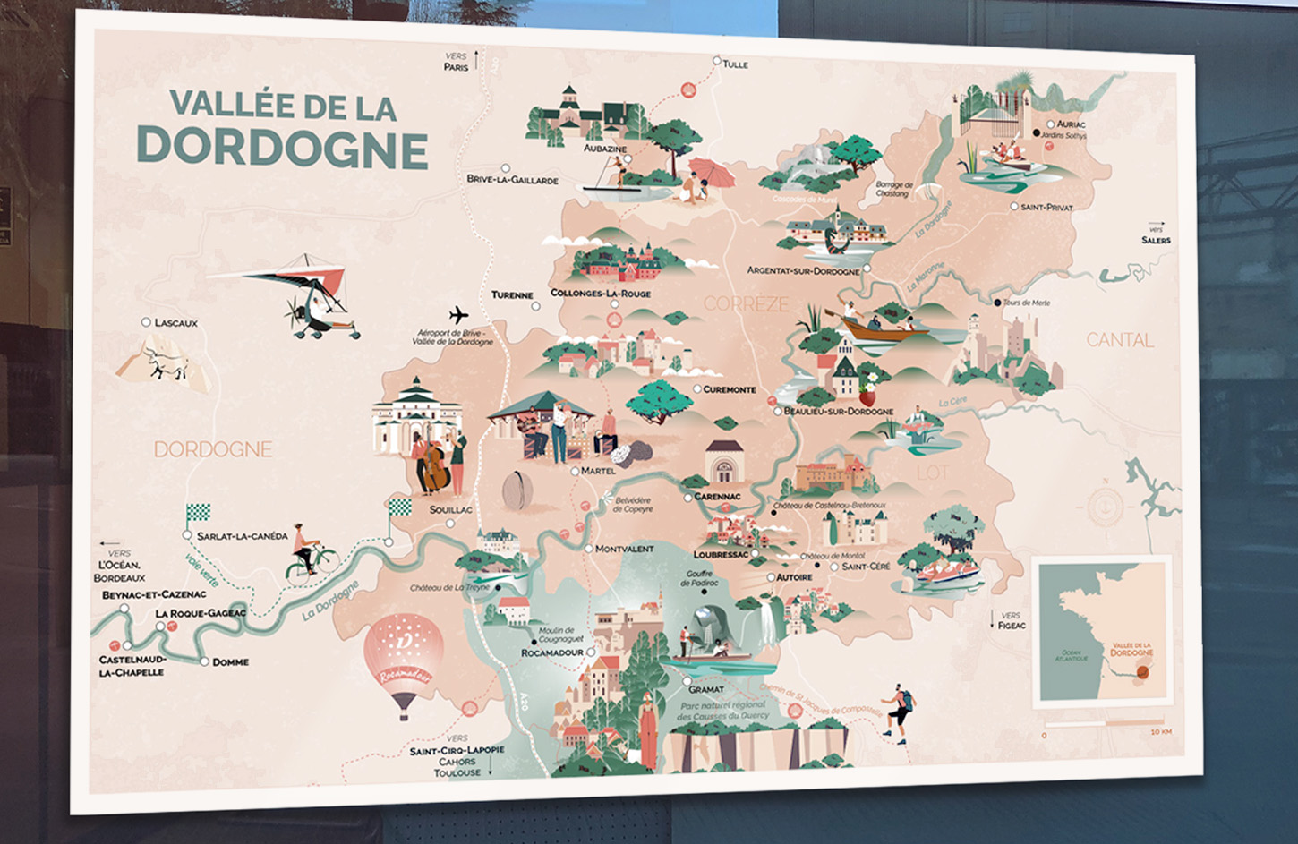 Touristic Illustrated map, Valley's Dordogne map, the most beautiful villages in France, L'Atelier Cartographik